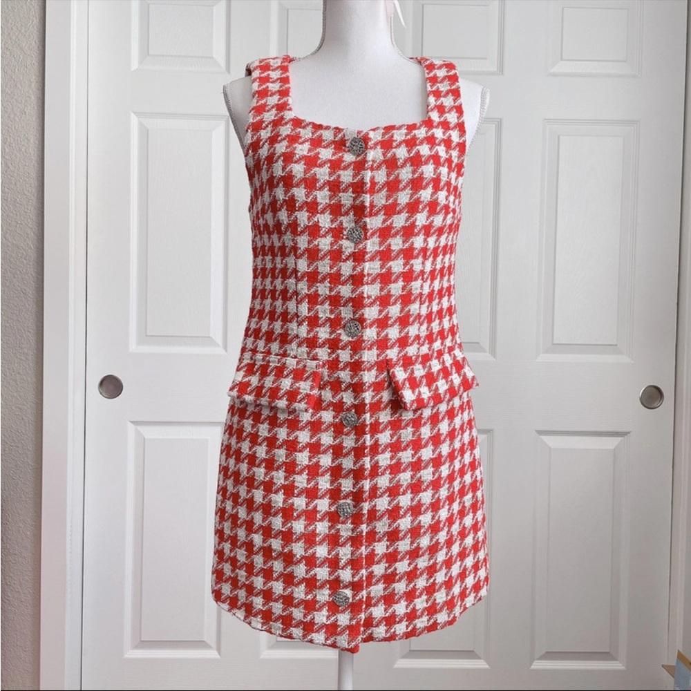 Urban Revivo red and white houndstooth tweed dress